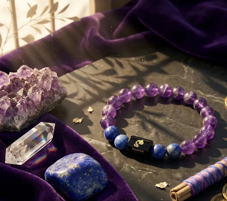 Aquarius Zodiac Bracelet with Amethyst & Lapis Lazuli | Samadhan 1