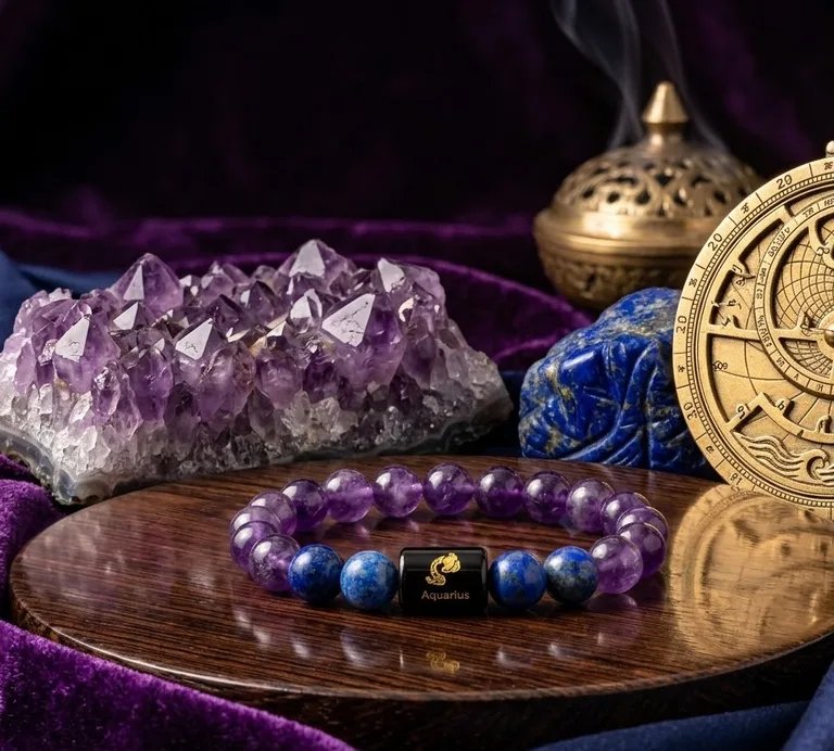 Aquarius Zodiac Bracelet with Amethyst & Lapis Lazuli | Samadhan 3
