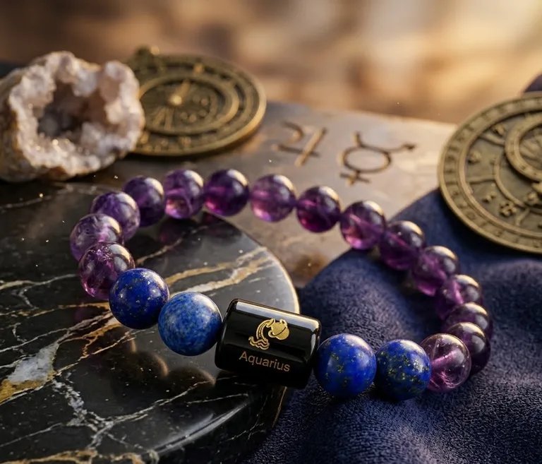 Aquarius Zodiac Bracelet with Amethyst & Lapis Lazuli | Samadhan 2